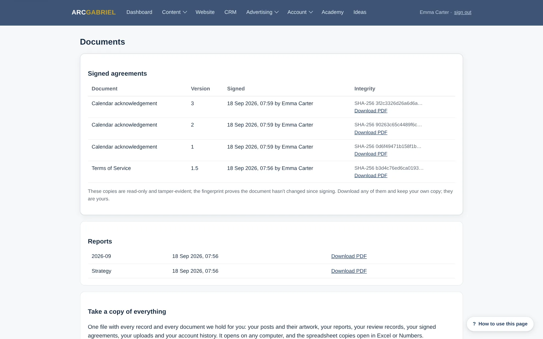 The documents page: signed agreements with tamper-evident fingerprints, and downloadable reports